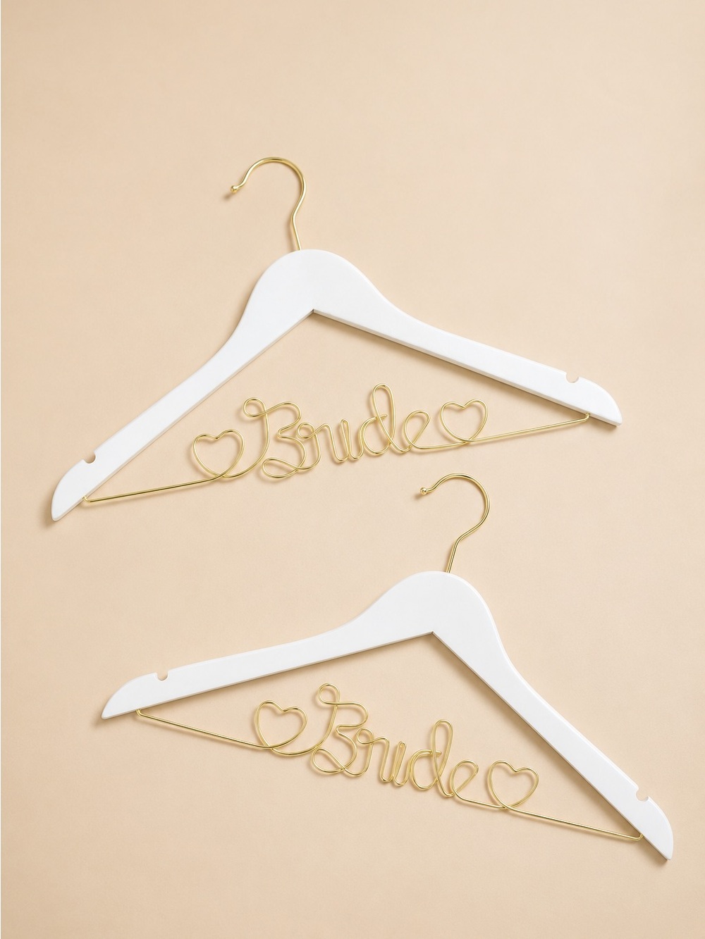Set of 2 Bride Wedding Dress Hangers White Wood Gold Wire Hearts